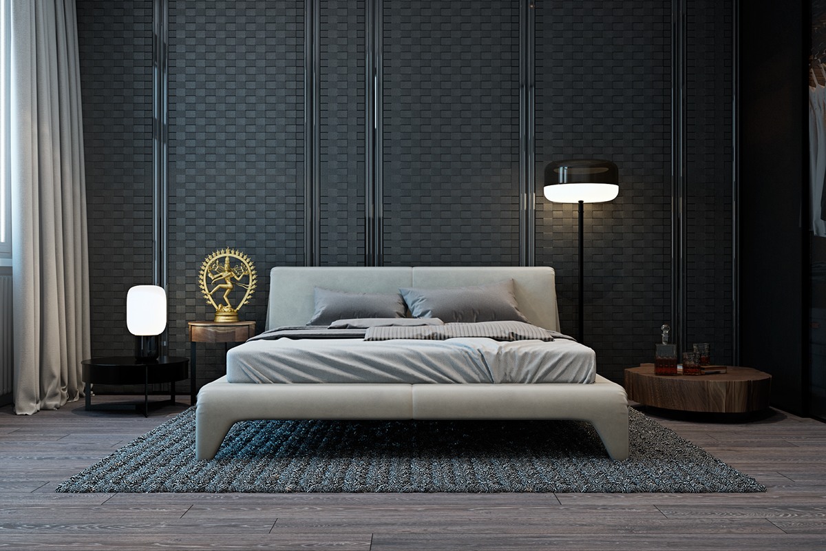 Un design di camera da letto moderna con una tavolozza di colori scuri