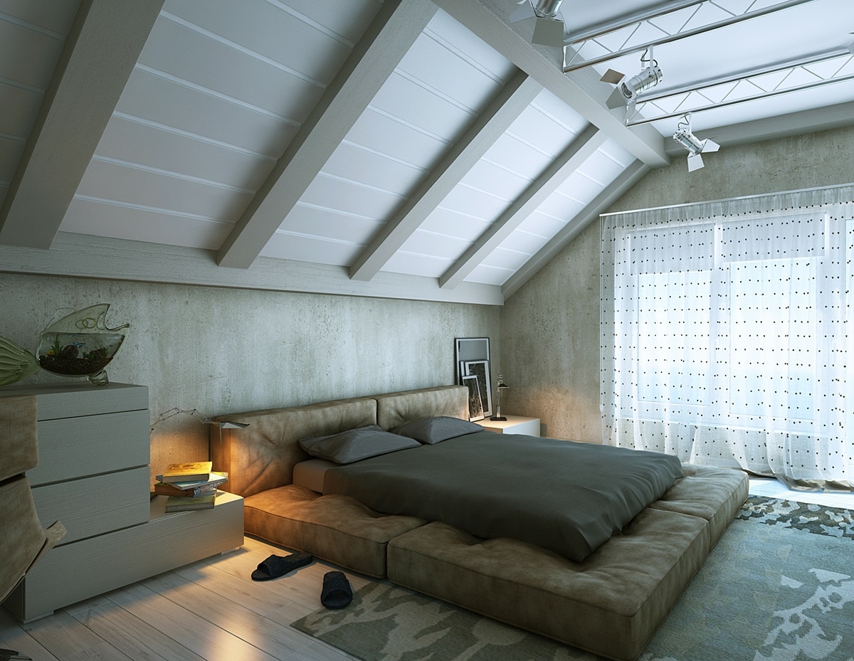 Una semplice e accogliente camera da letto in soffitta