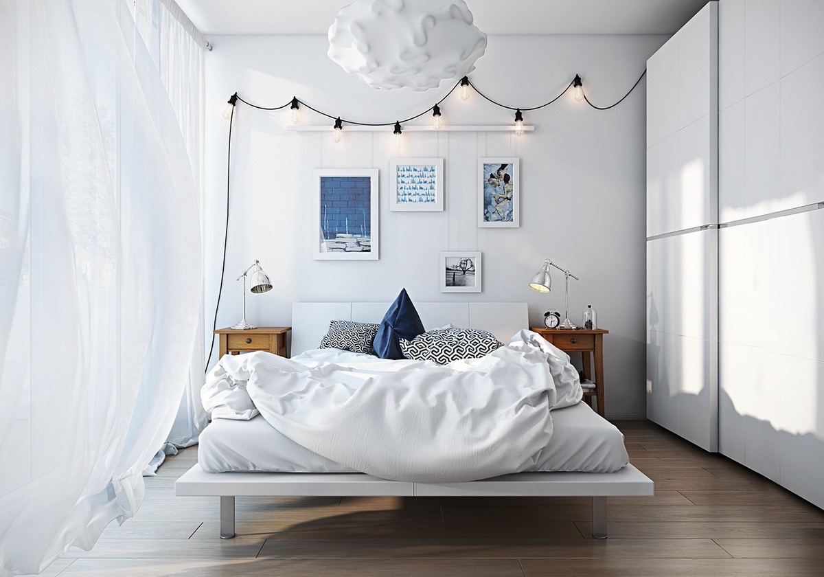 Camera da letto bianca scandinava - decorazioni colorate
