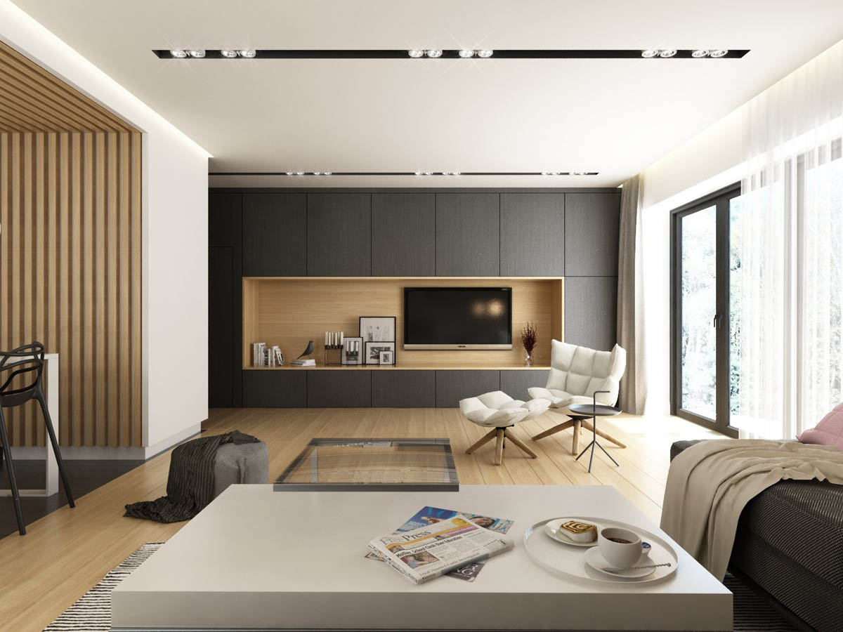 Idee per il soggiorno grigio - legno