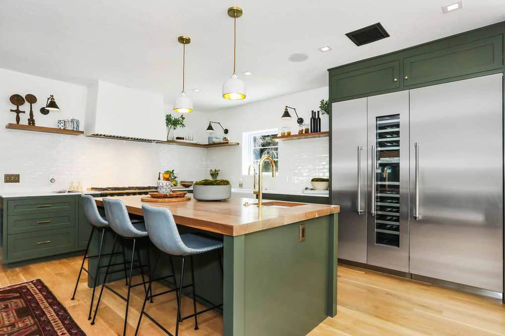 Olive green kitchen with wood