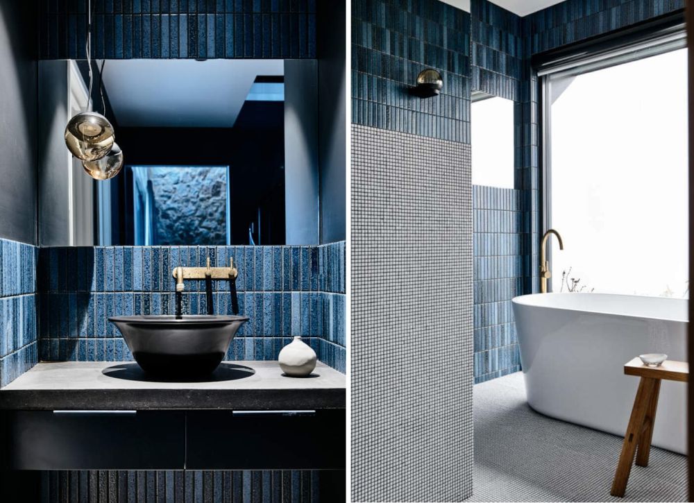 Grey bathroom with dark blue