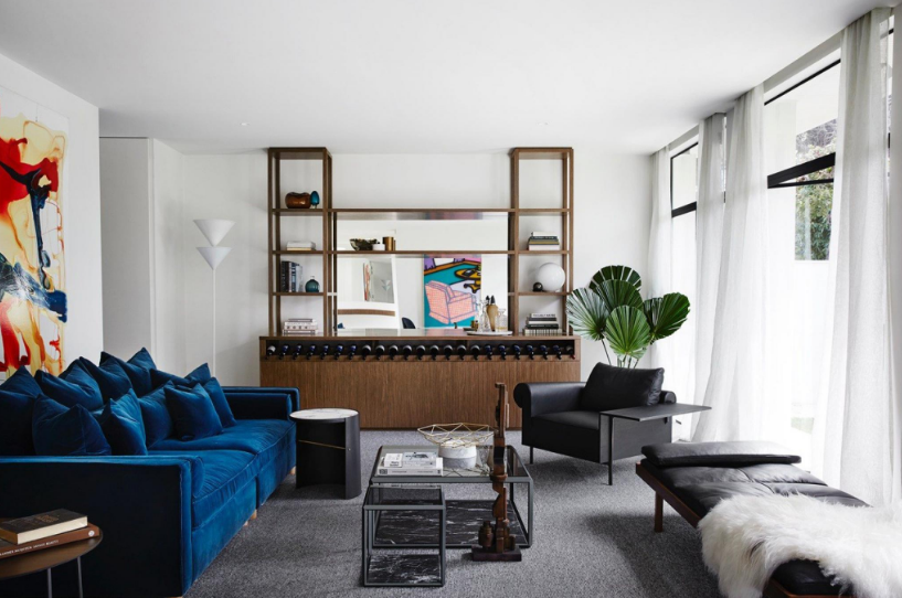 Cobalt blue living room and bright color palette