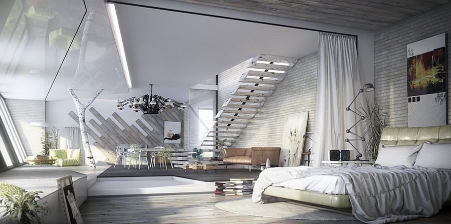 Biała sypialnia w stylu industrialnym