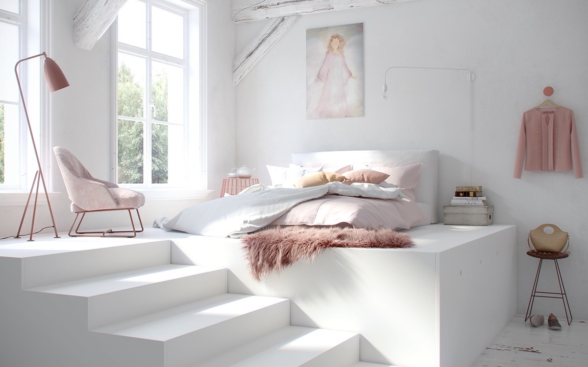 Camera da letto bianca e decorazioni rosa