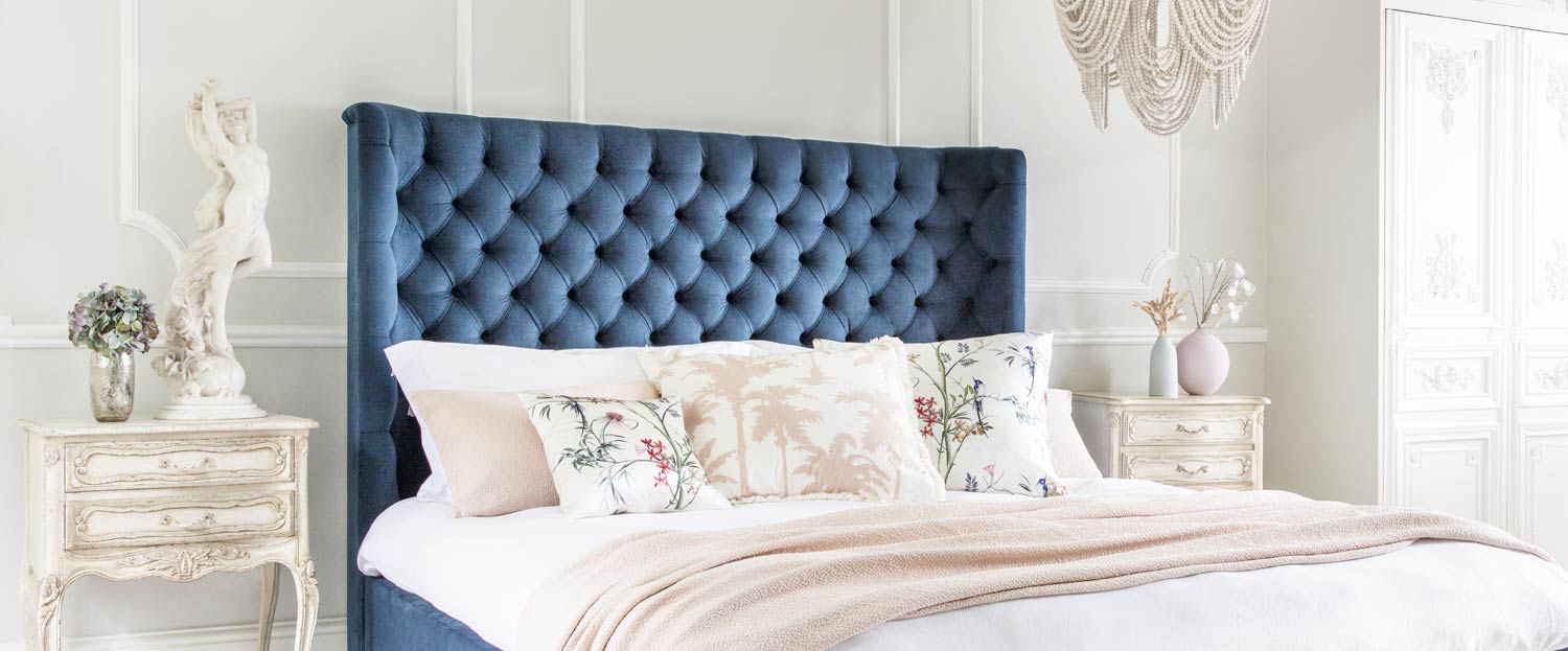White bedroom blue bed