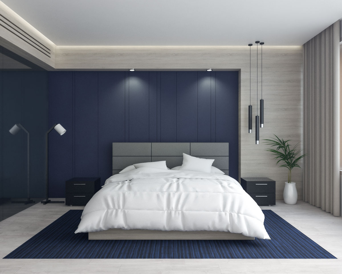 Camera da letto bianca e blu navy - un classico semplice