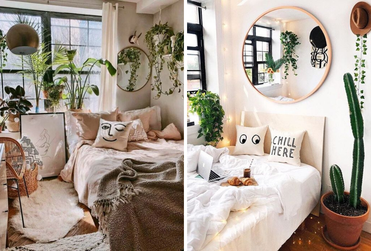 Chambre à coucher bohème avec plantes