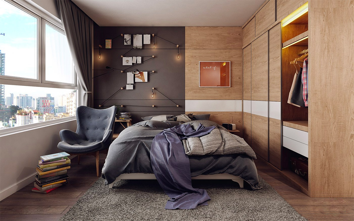 Idee per una camera da letto moderna - grigio e legno