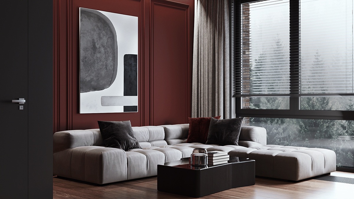 A stylish living room with dark maroon color