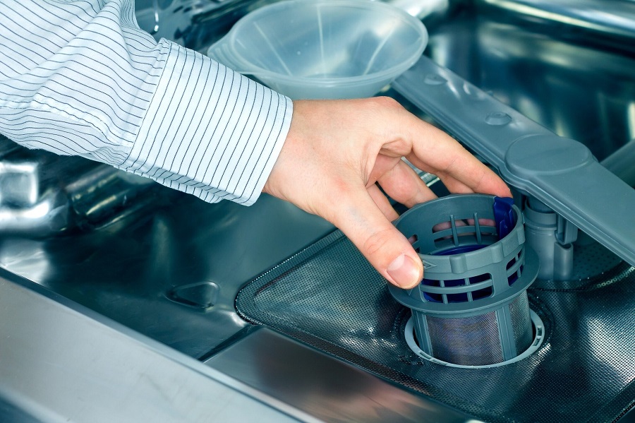 Which parts of the dishwasher need cleaning?