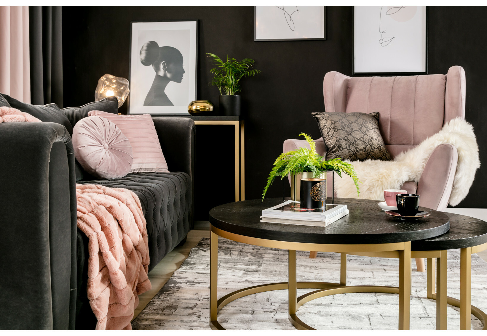 Dusty pink and black living room