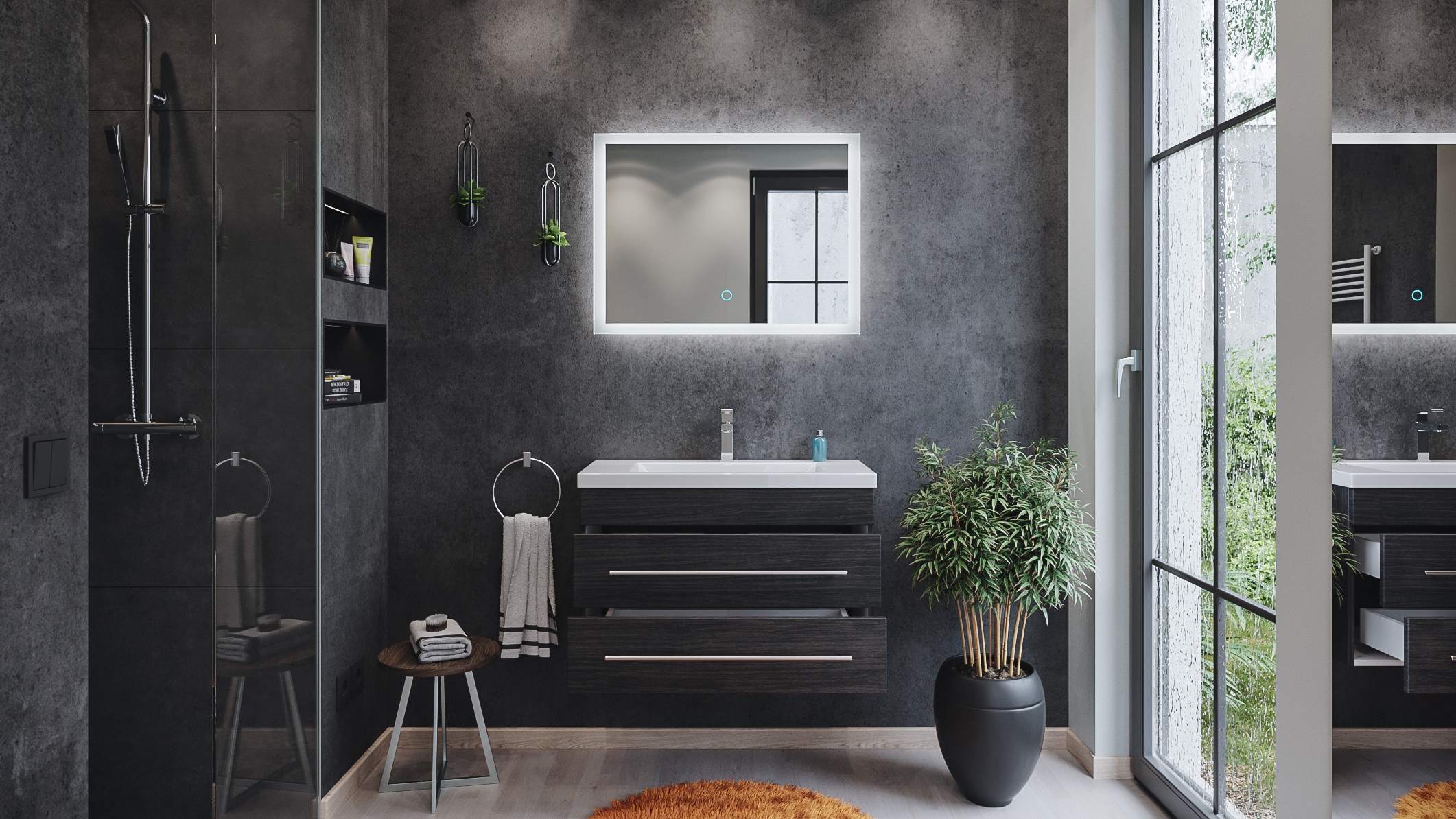 Grey bathroom wooden decor