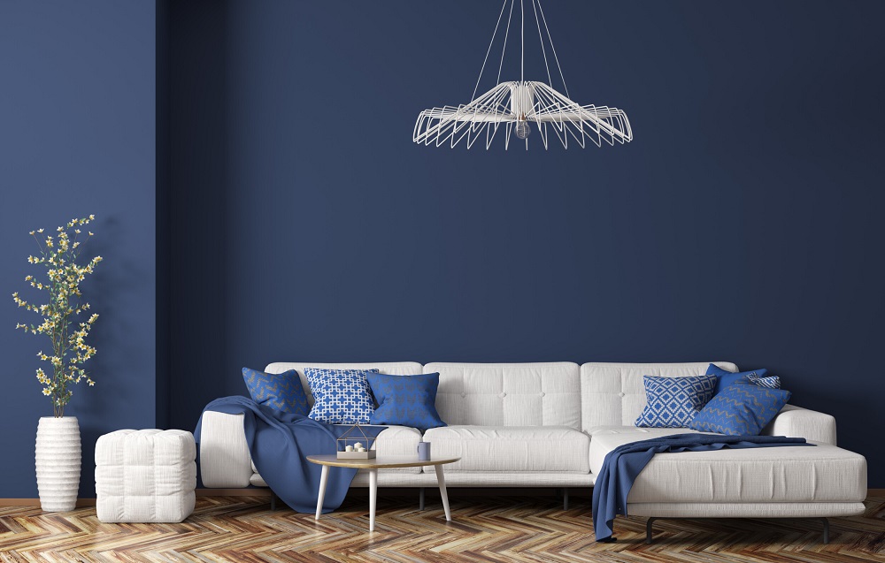 Indigo color in the living room - combined with white