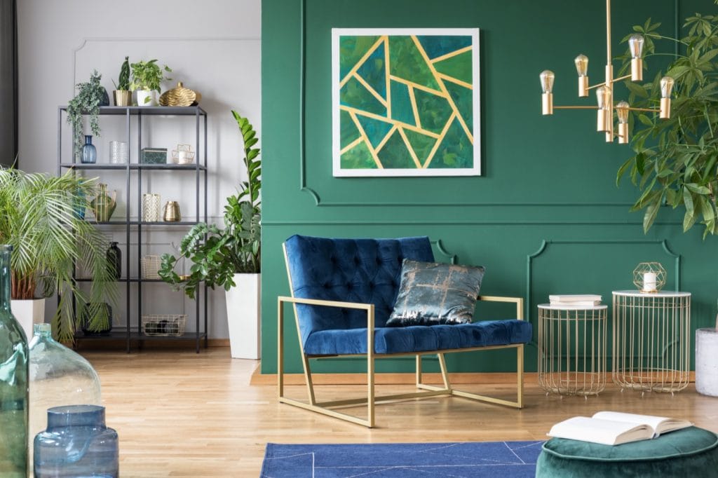 Дизайн гостиной - зеленый и синий
