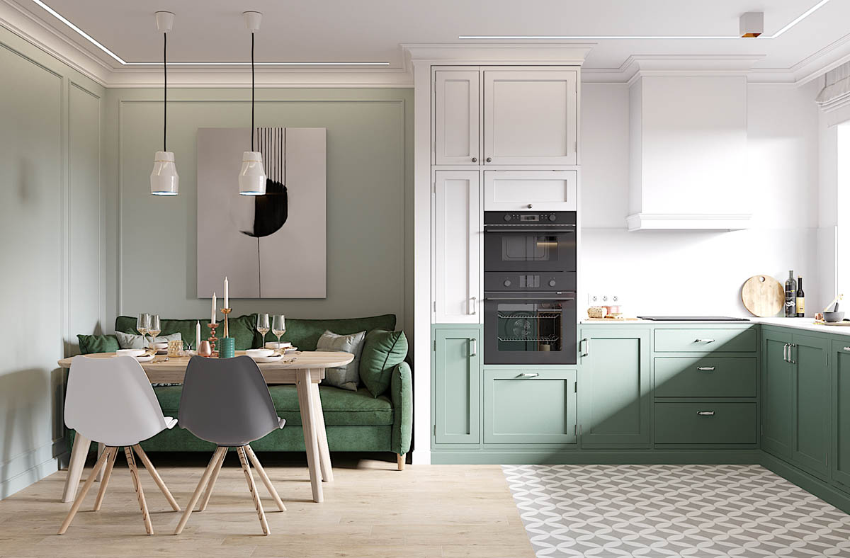 Green kitchen with white color