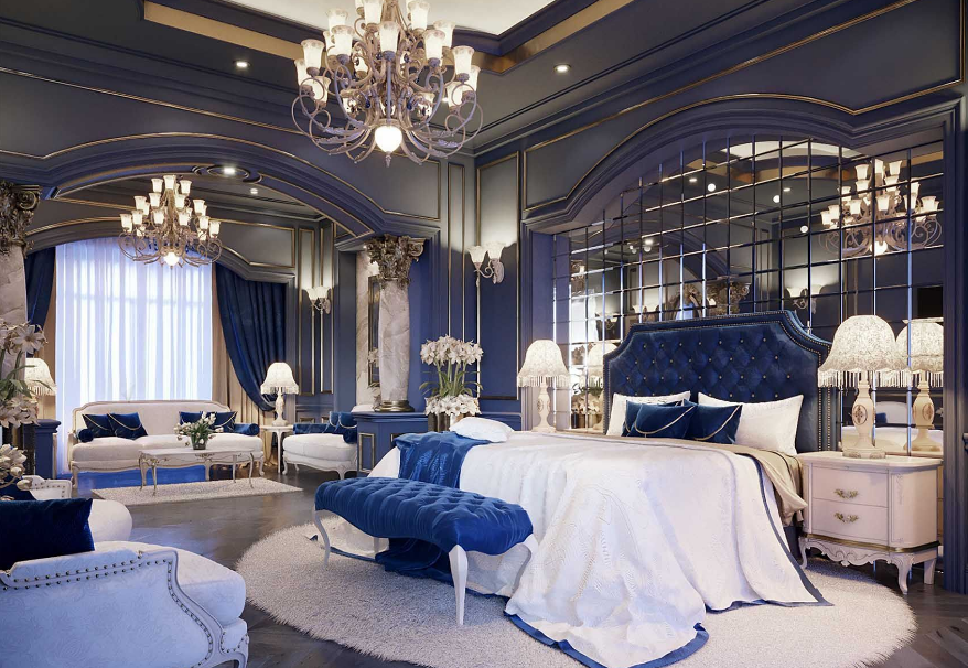 Ein modernes Schlafzimmer mit kobaltblauer Farbe