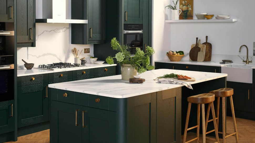 Bottle green color kitchen cabinets