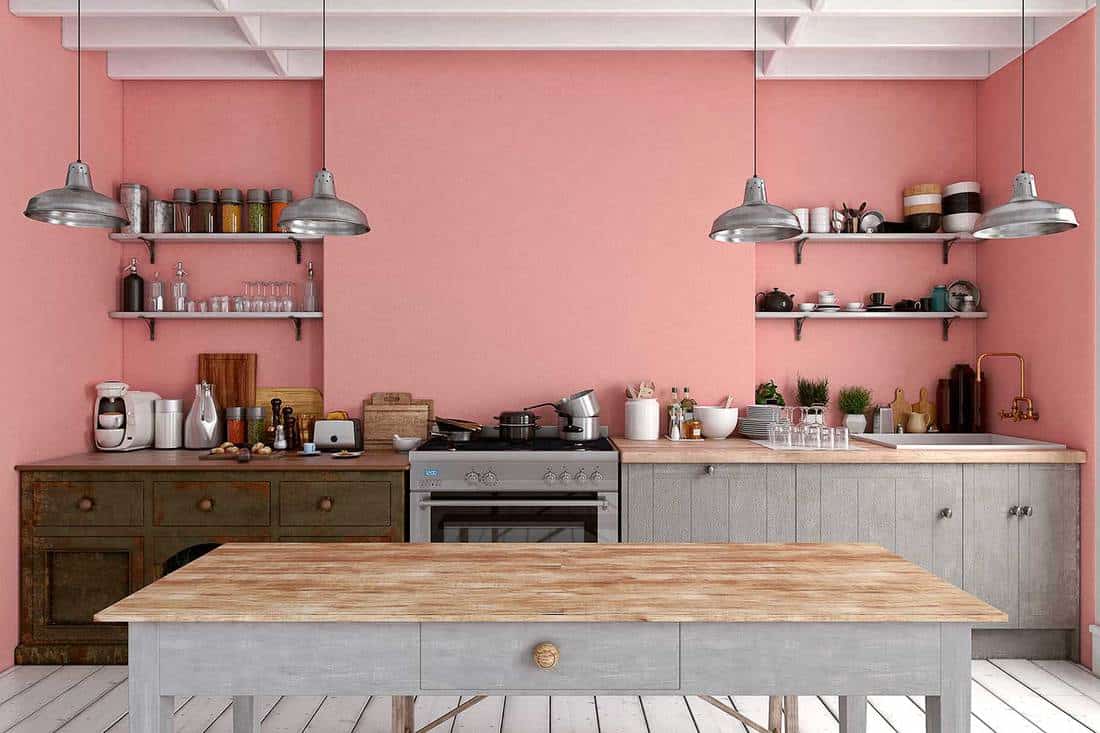 Modern pink kitchen - with grey