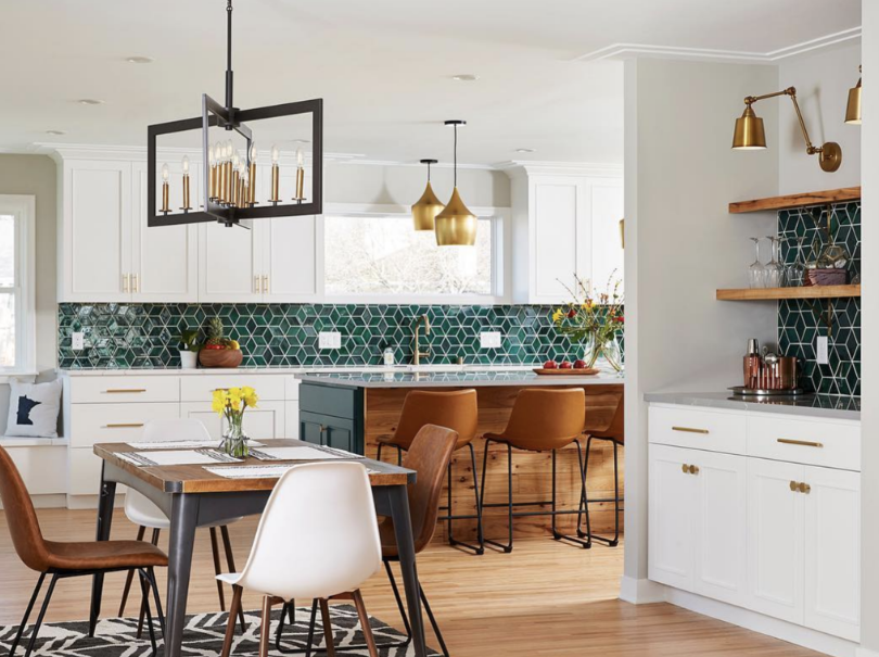 Scandinavian style kitchen with emerald tiles