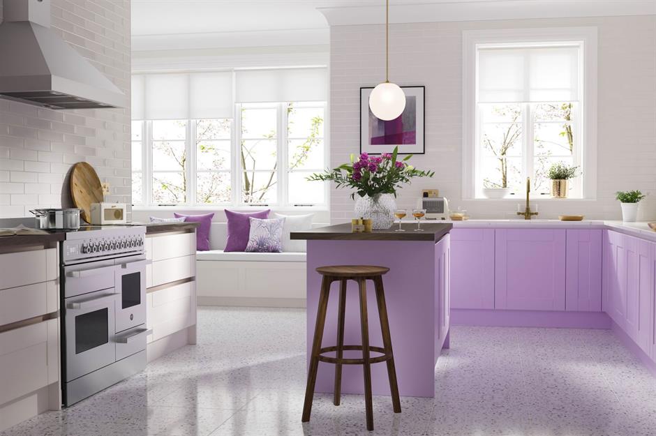 A purple French provincial kitchen