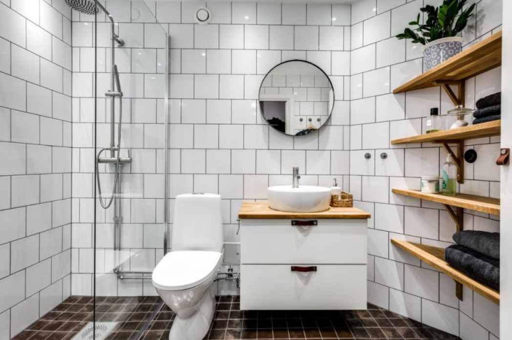 Scandinavian bathroom design white color and wood