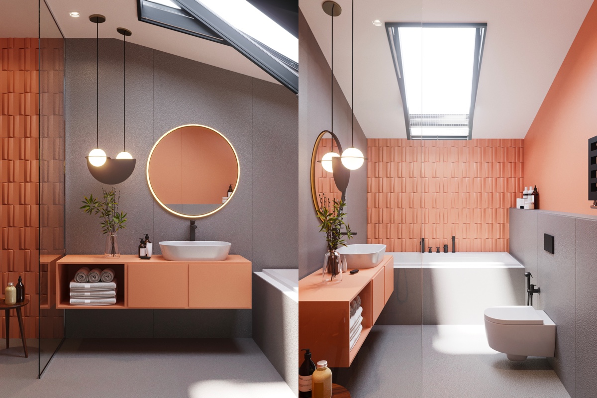 Skandinavische Badezimmer Ideen grau und rosa