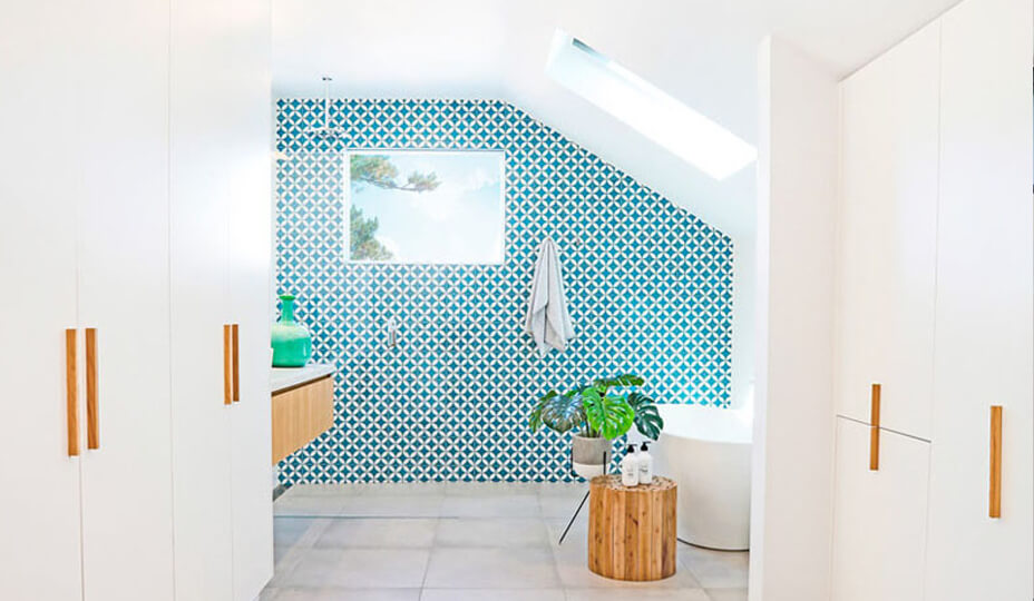 Scandinavian style bathroom white sea blue