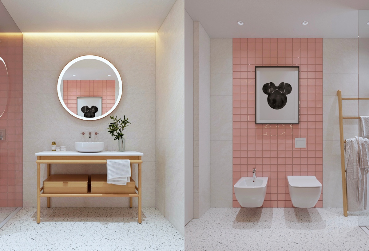 A bathroom in dusty pink color