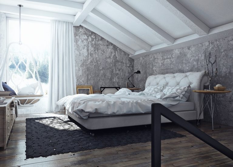Graues und weißes Schlafzimmer im industriellen Stil