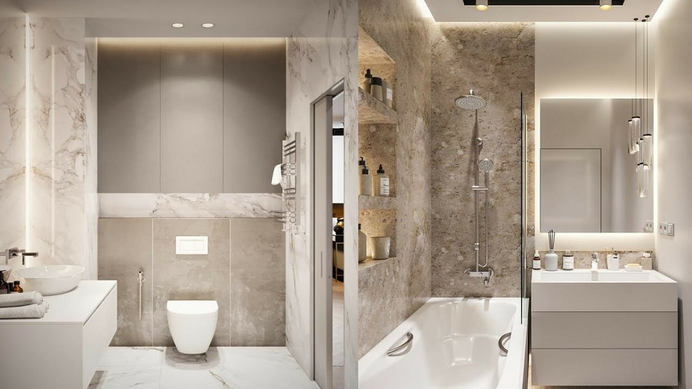 Яркий современный дизайн маленькой ванной комнаты