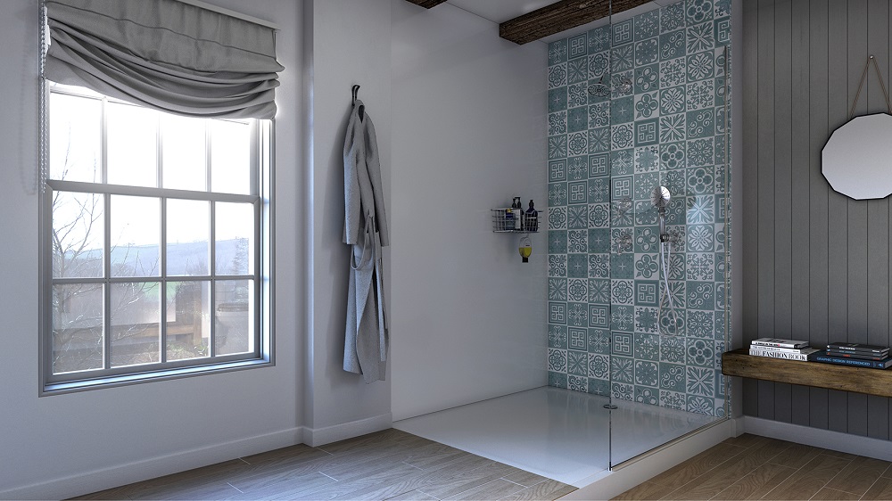 Prysznic bez brodzika - mozaika na ścianie