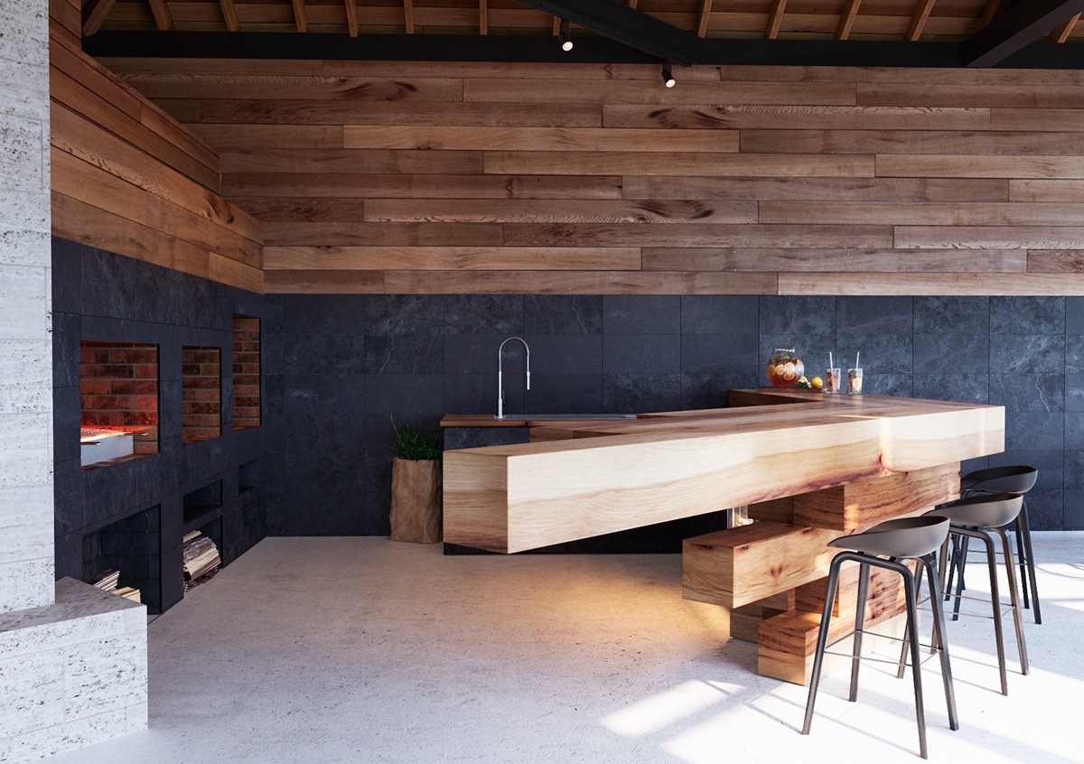 Dunkelgraue moderne Küche mit Holztisch und Barhockern