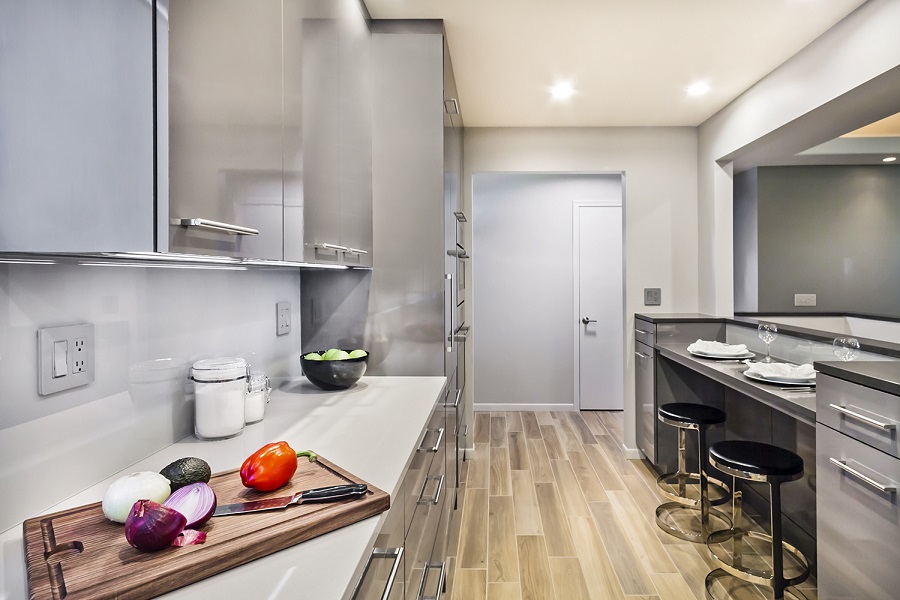 A minimalist windowless kitchen