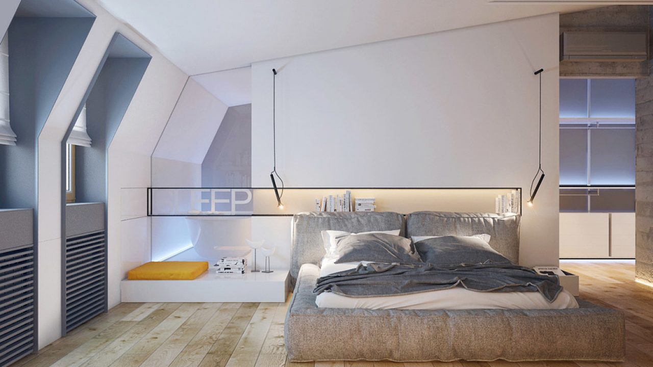 Ciekawa nowoczesna sypialnia na poddaszu