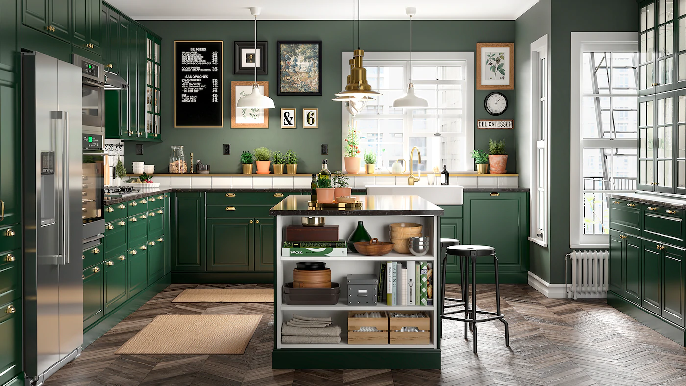 Green kitchen - wooden flooring