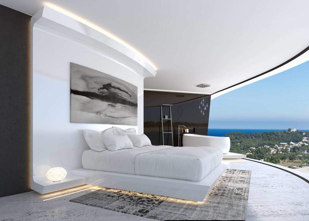 A modern bedroom design with a lovely view