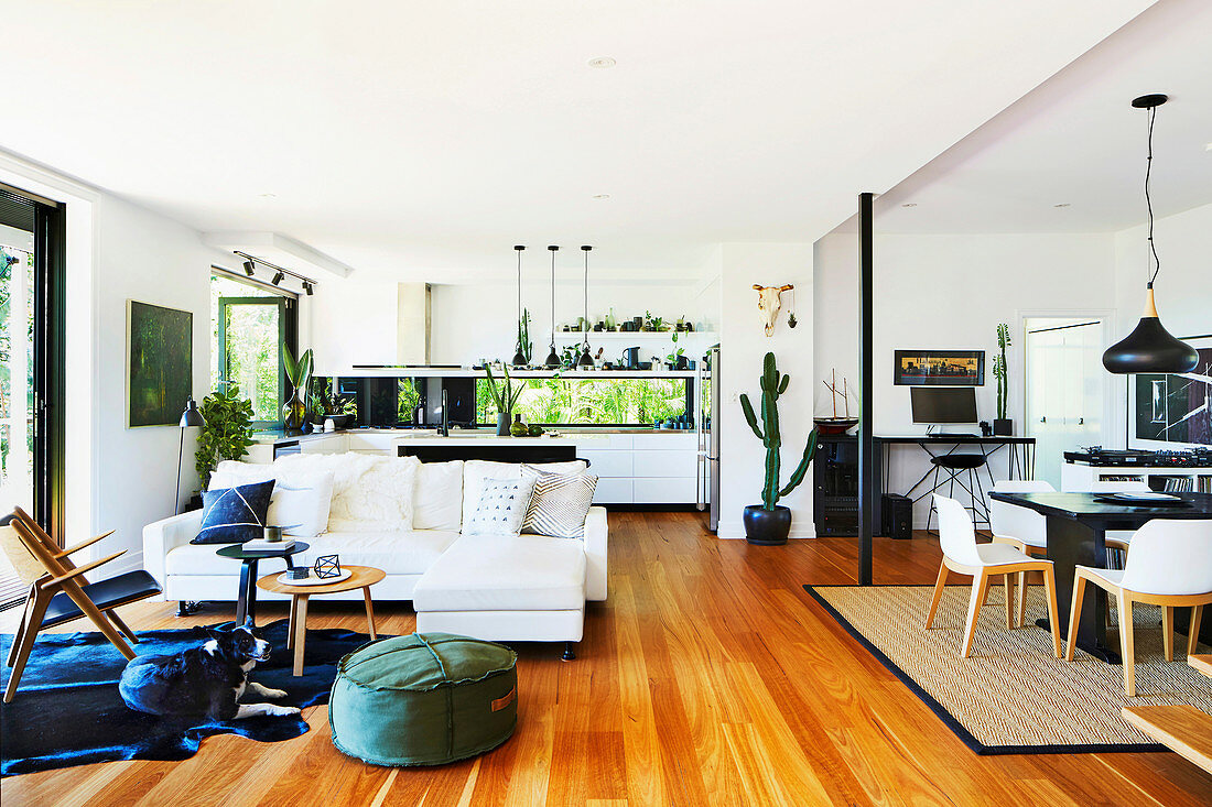 Una gran cocina de concepto abierto con una sala de estar en una casa