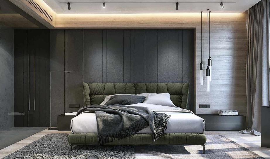 Olivgrünes Bett - grüne Schlafzimmerdekoration