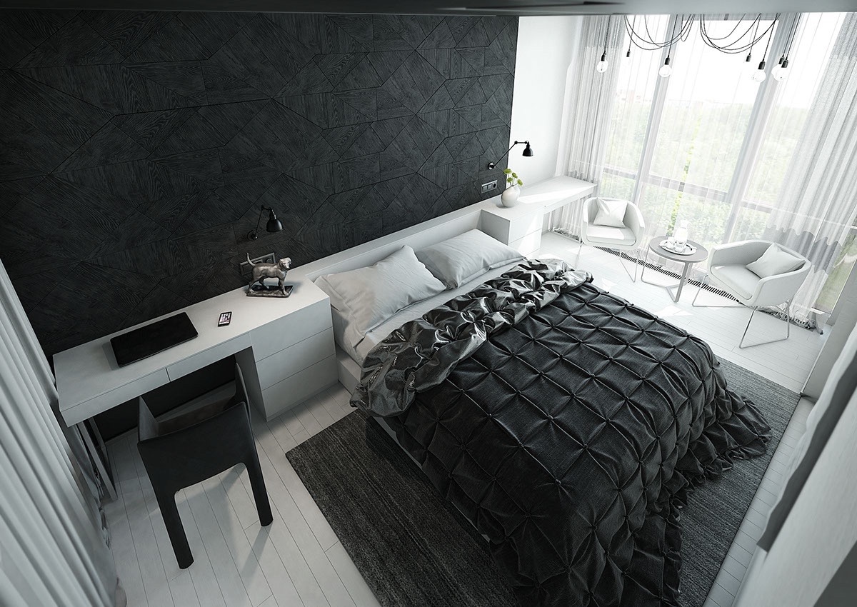Un dormitorio glamuroso con paredes oscuras: un interior elegante