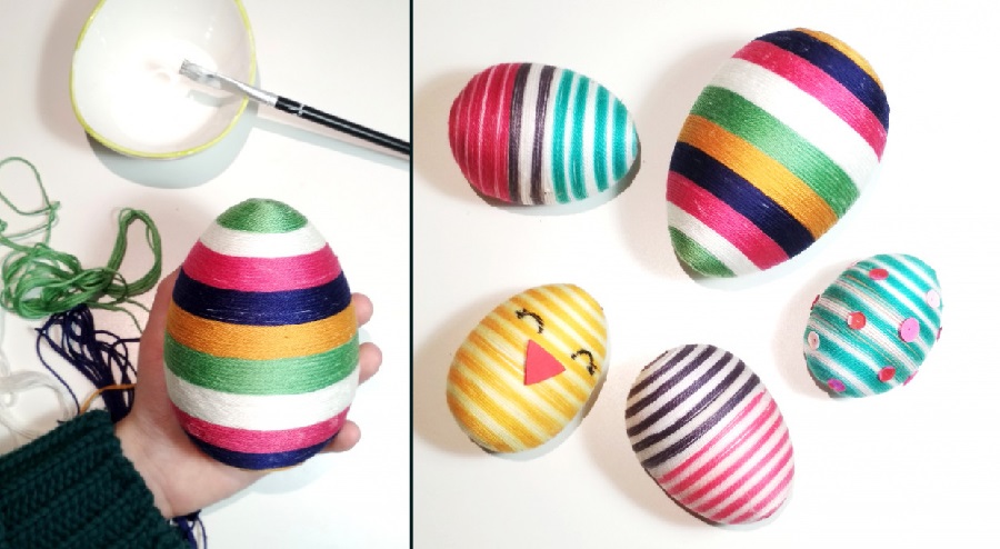 Uova di Pasqua decorate con spago colorato