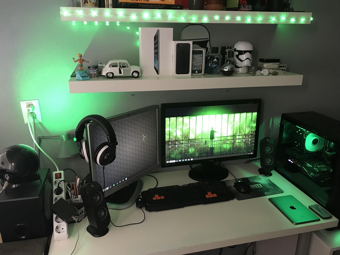 Gaming room with green accents