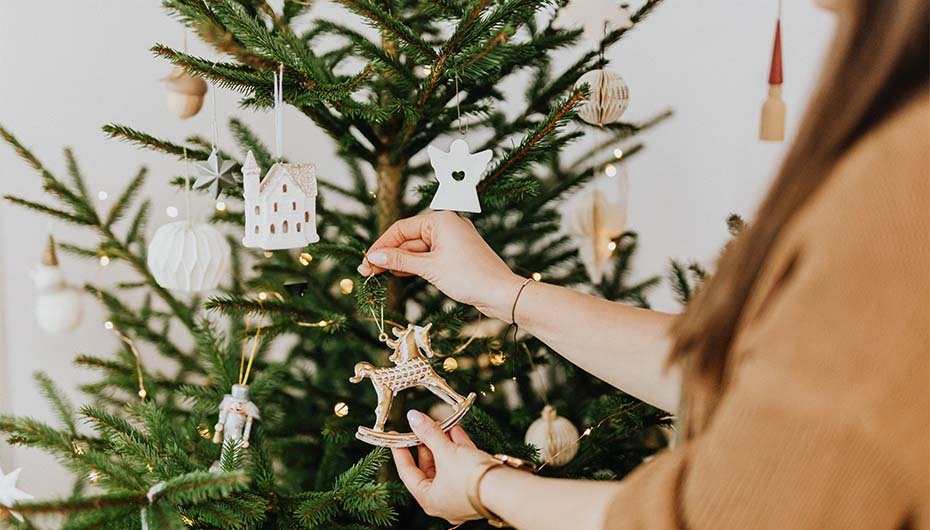 Scandinavian Christmas tree and wooden ornaments