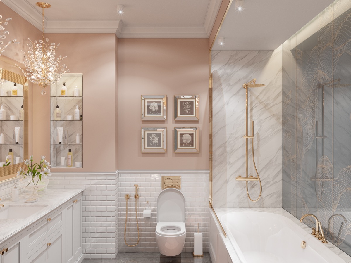 Salle de bains rose clair gris