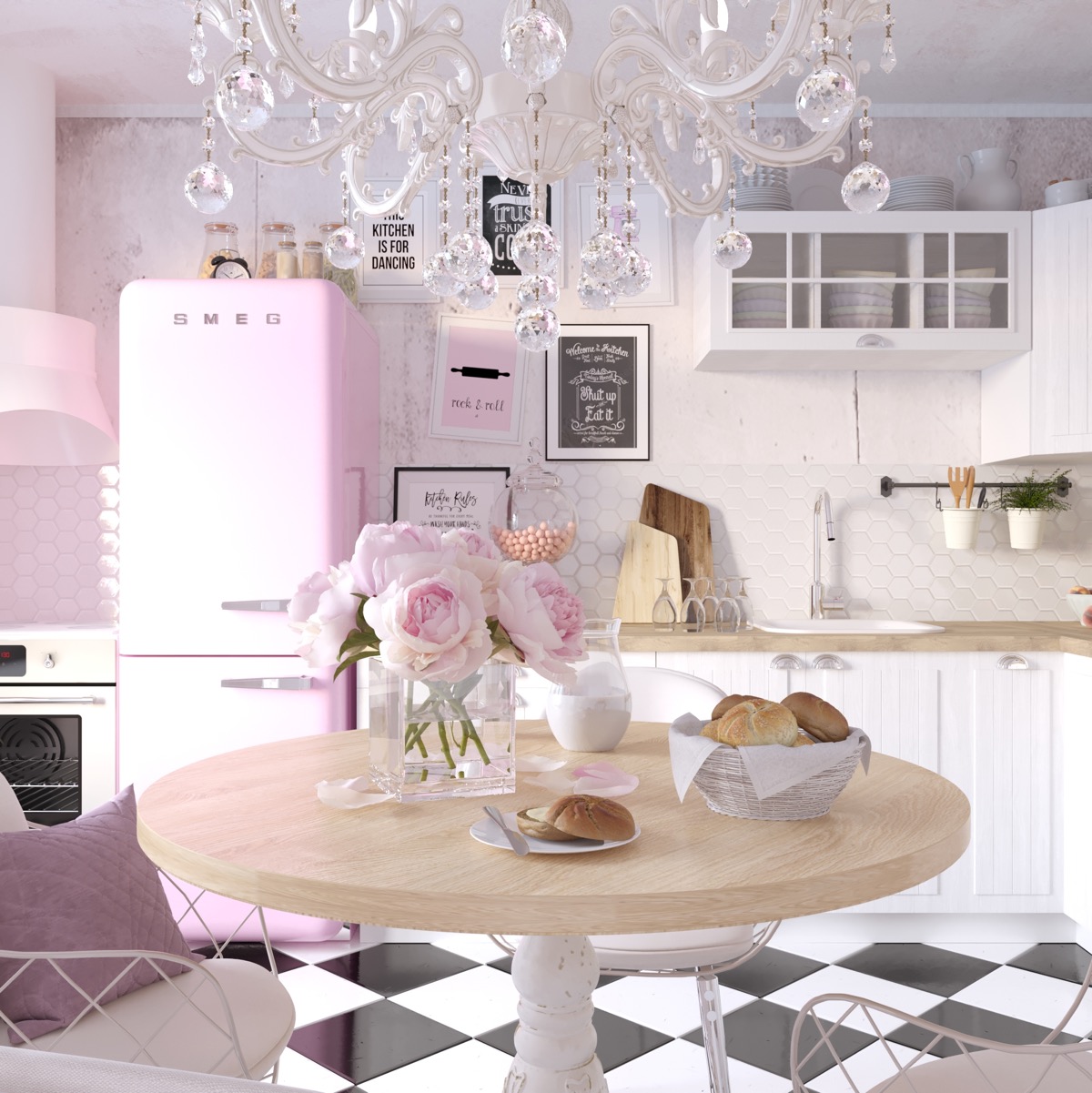 Пыльно-розовая кухня с ноткой ретро