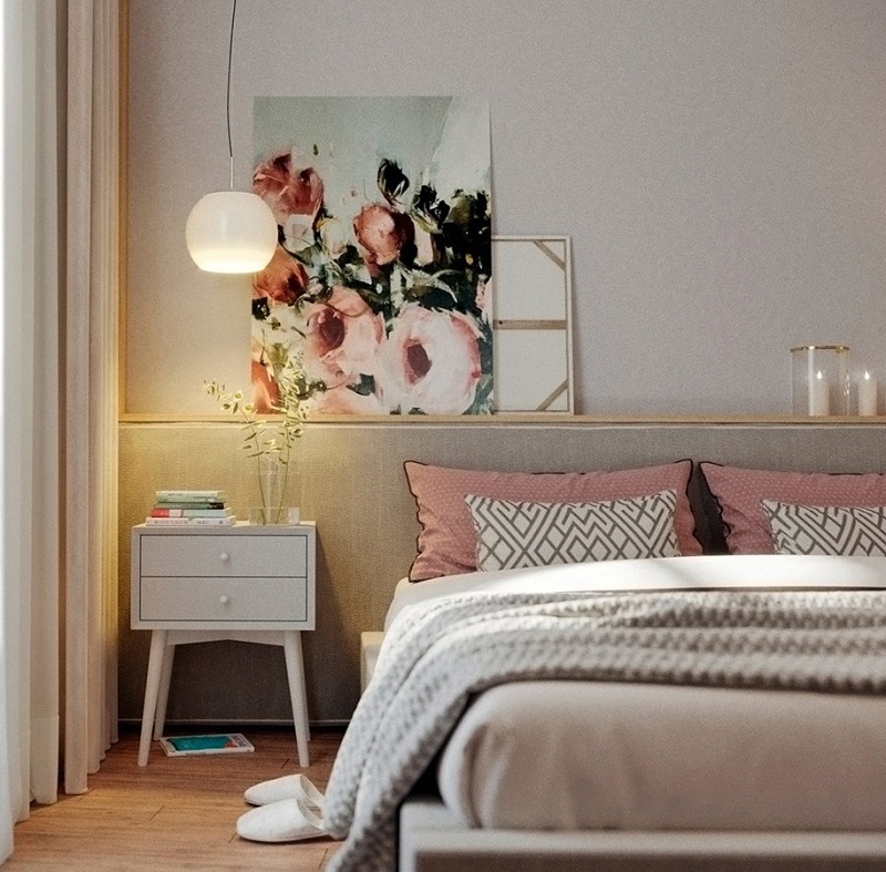 A windowless bedroom design in pink