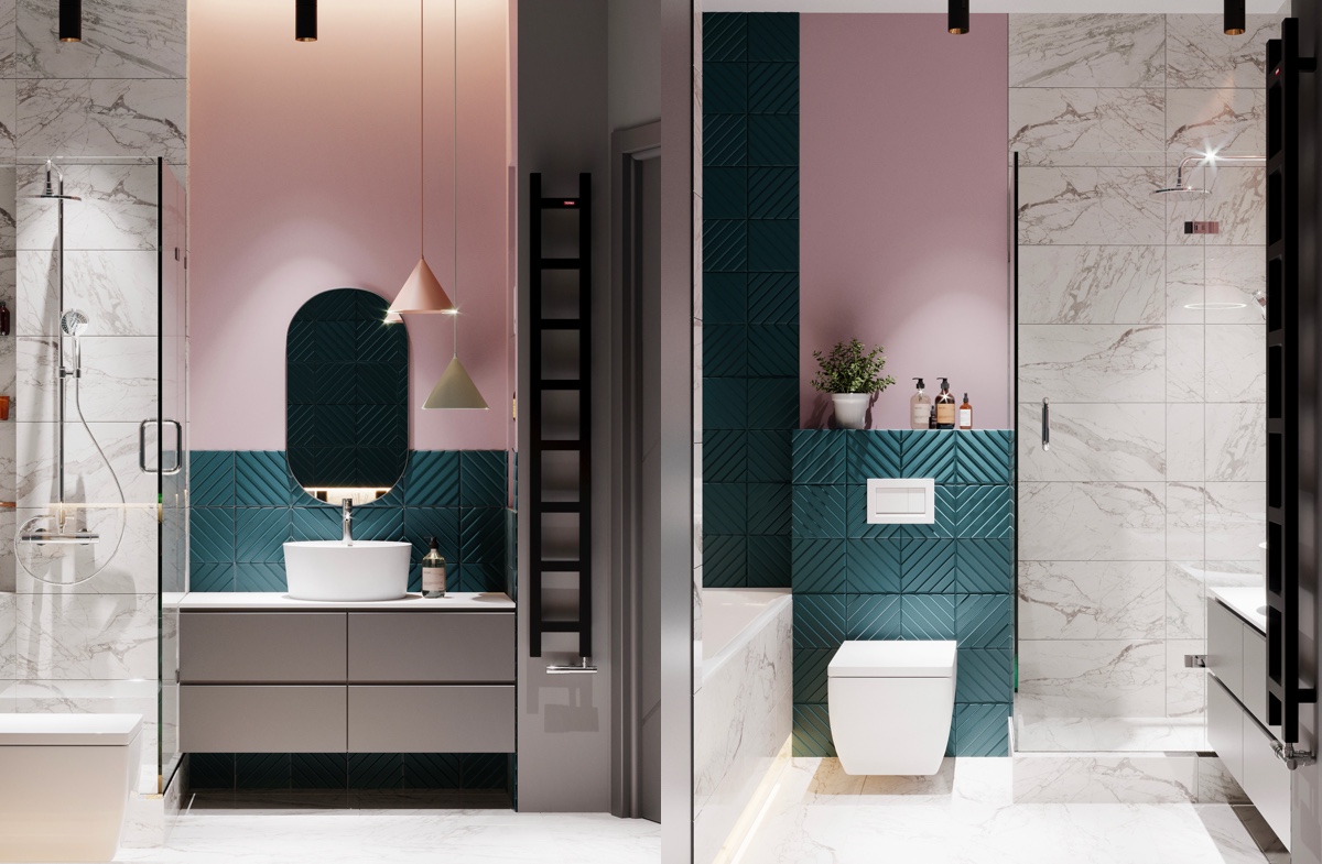 Diseño de baño escandinavo con color