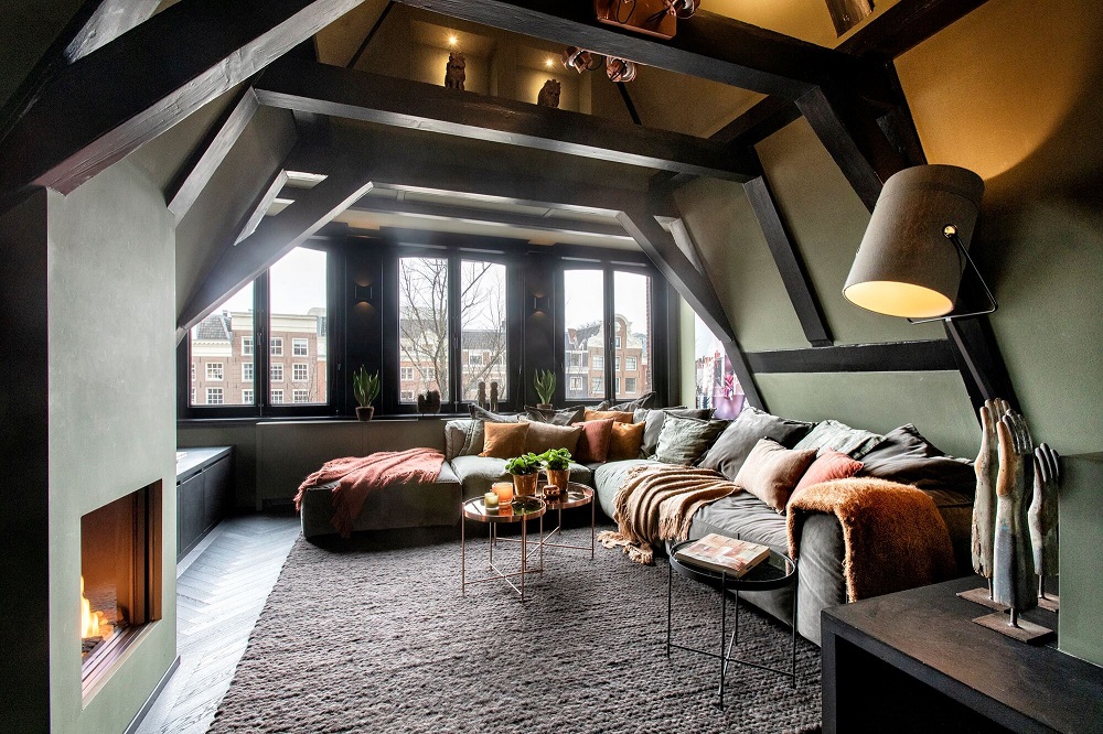 A dark attic living room - industrial style