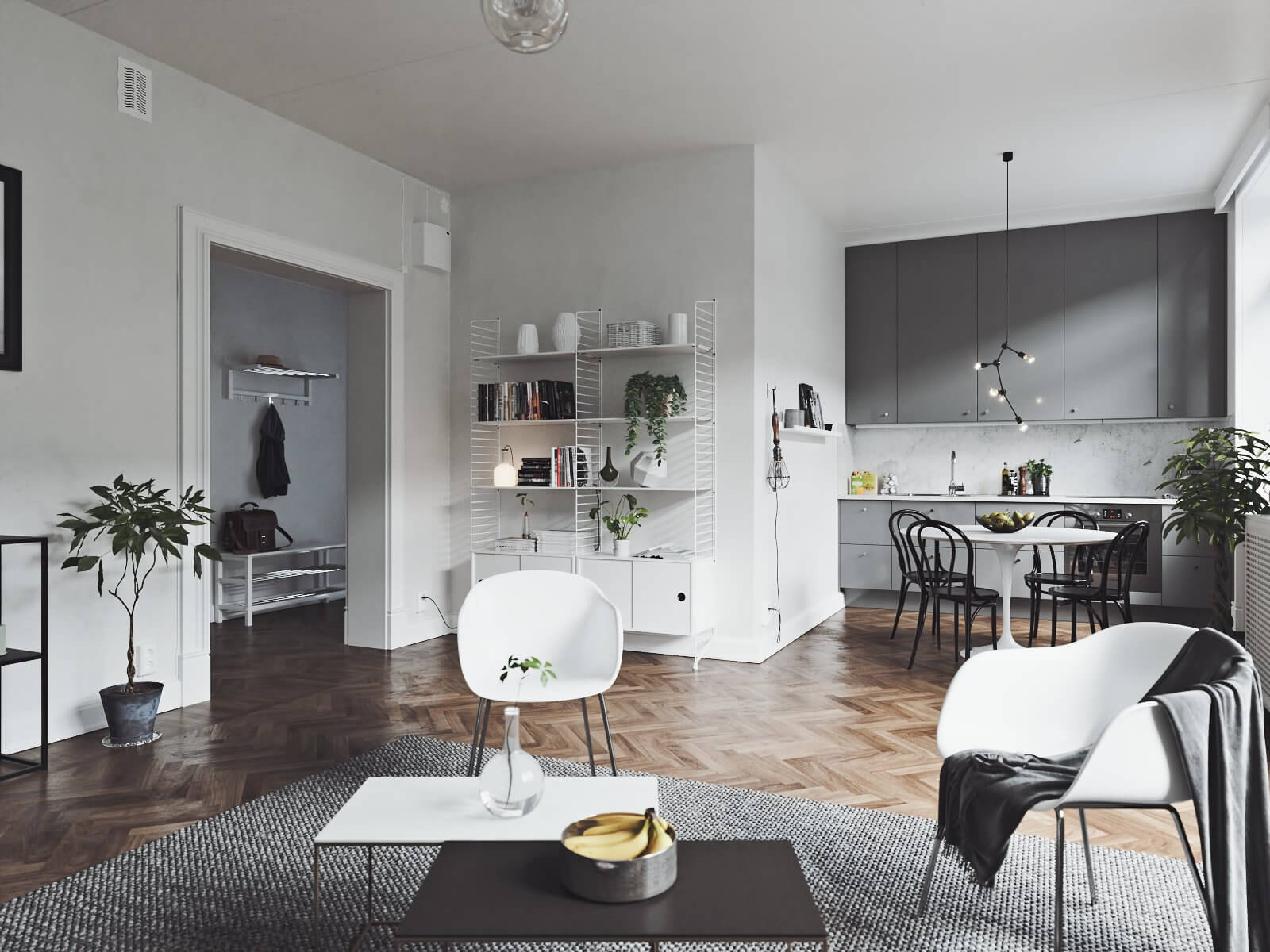 Una moderna combinación de salón y cocina de estilo escandinavo