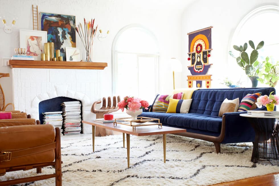 Bohemian living room decor - with blue accents